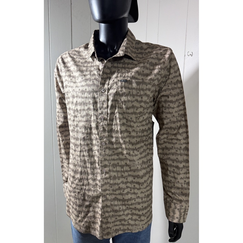 Volcom Men's XL Brown Abstract Sun Print Long Sleeve Cotton Button Up Shirt